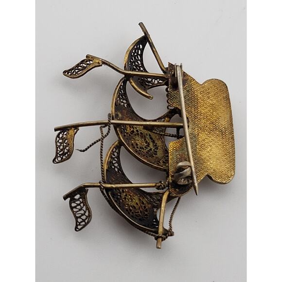 Vintage Portuguese Filigree Ship Brooch Enamel Cross Sails Nautical Pin - Picture 10 of 11
